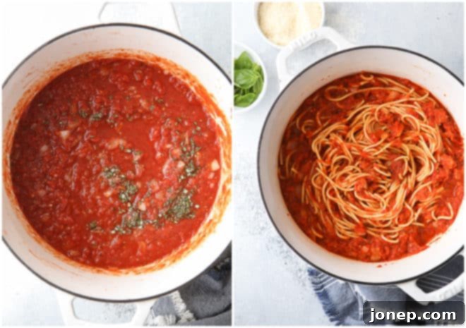 adding herbs and mixing with pasta, showing the versatile use of homemade marinara sauce