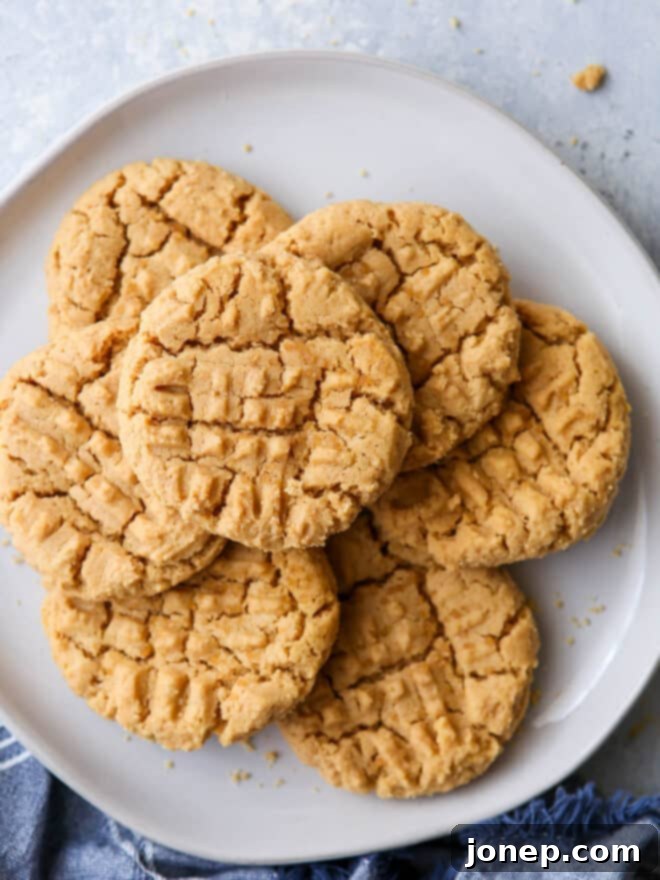 Simply 4-Ingredient Flourless Peanut Butter Cookies 2 flourless peanut butter cookies stacked on a plate