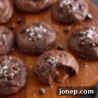 Indulgent Double Chocolate Cookies with Salted Caramel Nutella Core 2 Salted Caramel & Nutella Stuffed Double Chocolate Cookies - Recipe Card Image