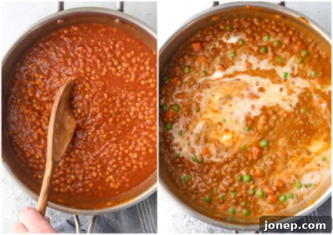 Step-by-step process of making coconut curry lentils in a pot on the stove.