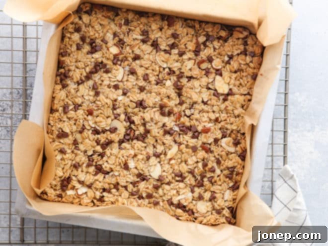 Chewy chocolate chip granola bars fresh from the oven