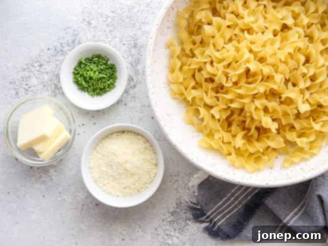 Close-up of ingredients for simple buttered noodles, including dry egg noodles, a stick of butter, grated parmesan cheese, and a bunch of fresh chives