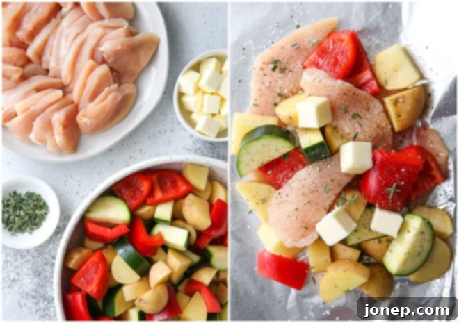 Assembling chicken and veggie tin foil dinners with fresh ingredients and butter