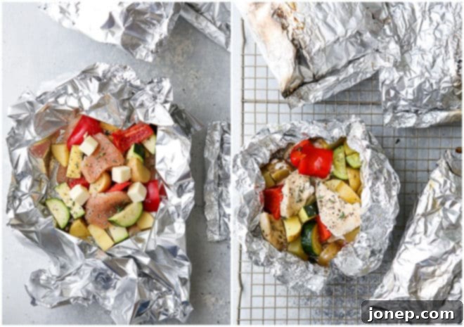Tin foil dinners before and after cooking, showing golden chicken and tender vegetables