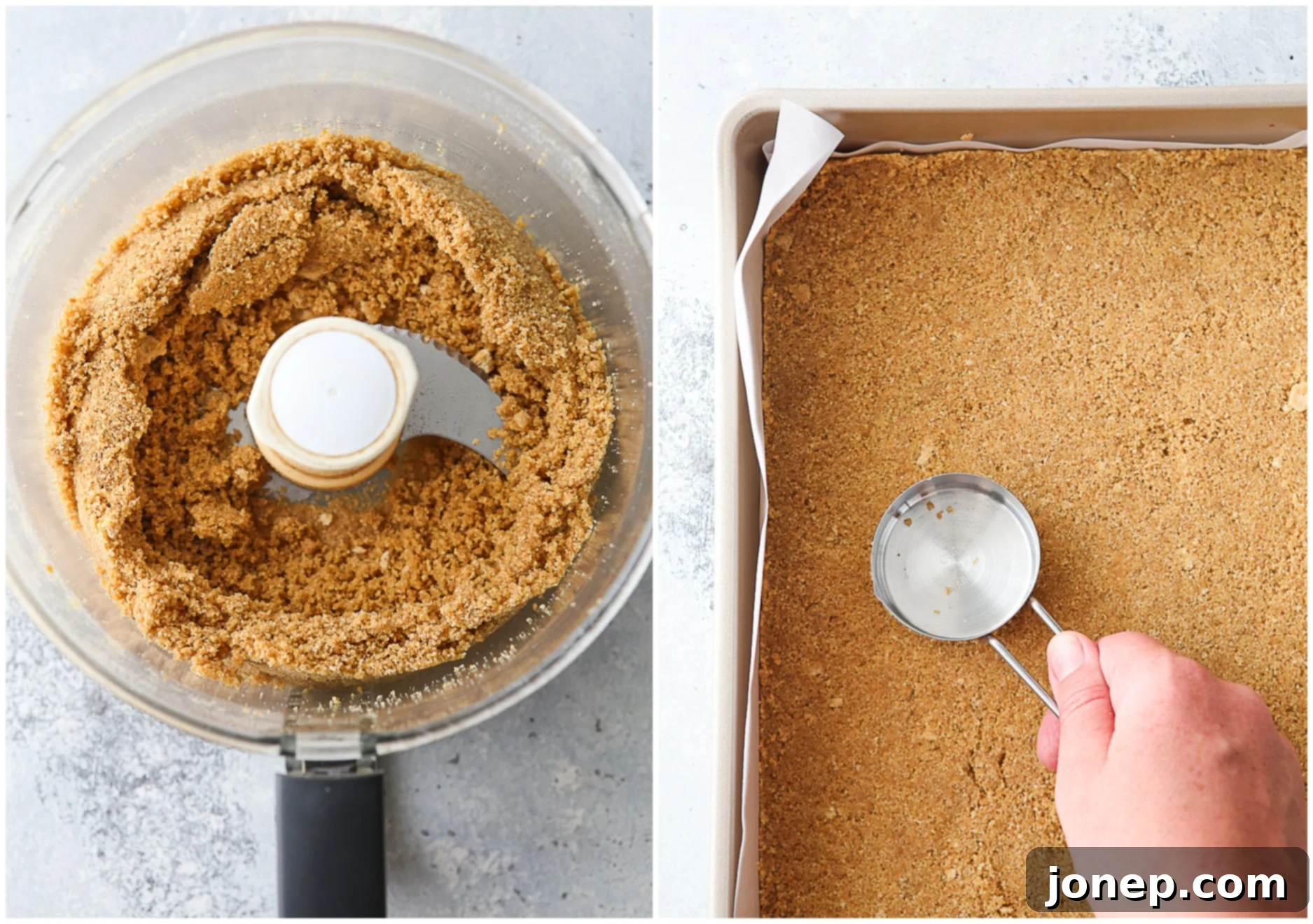 Preparing the buttery graham cracker crust for no-bake cheesecake bars.