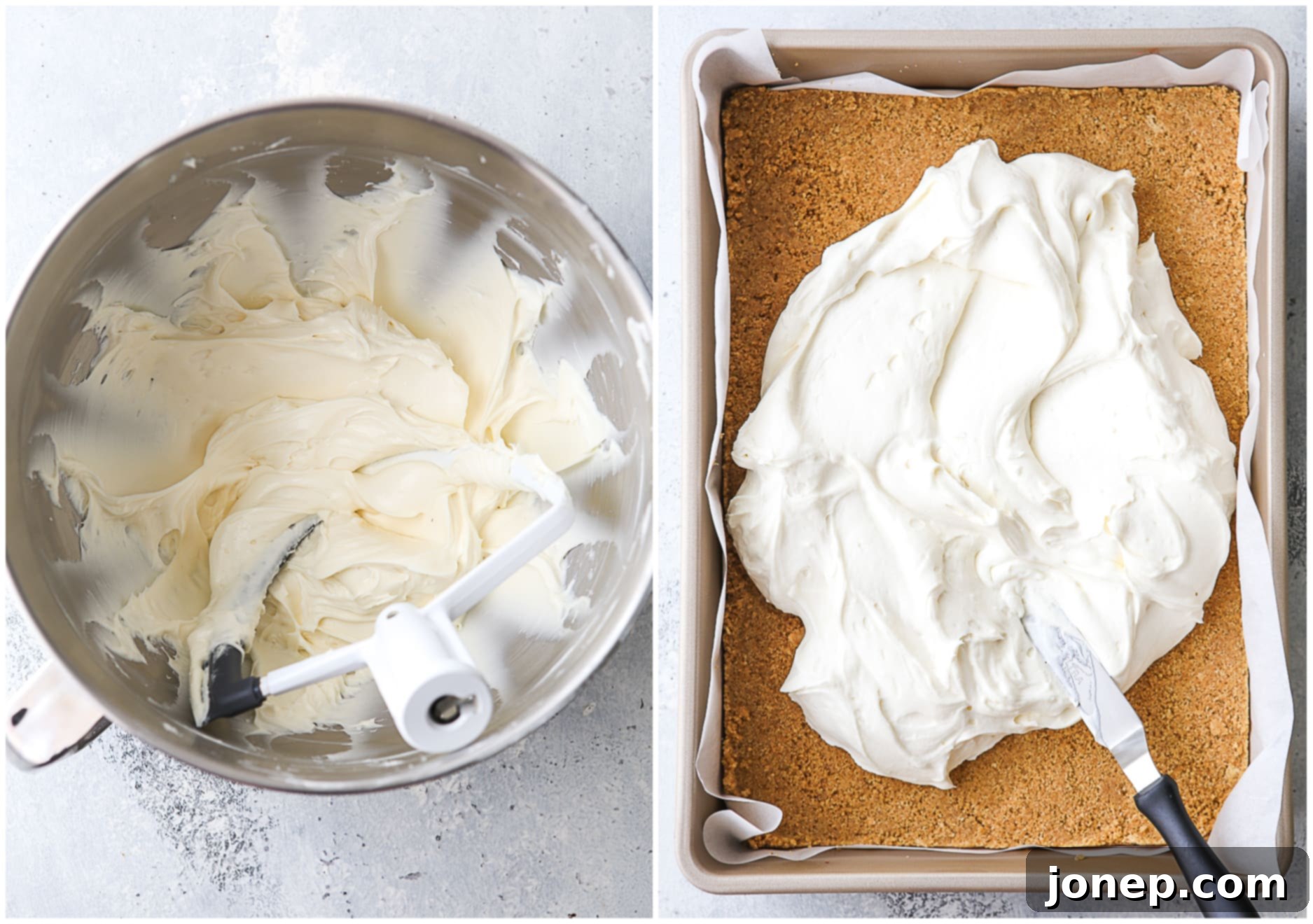Smooth and creamy cheesecake filling being spread over the graham cracker crust.