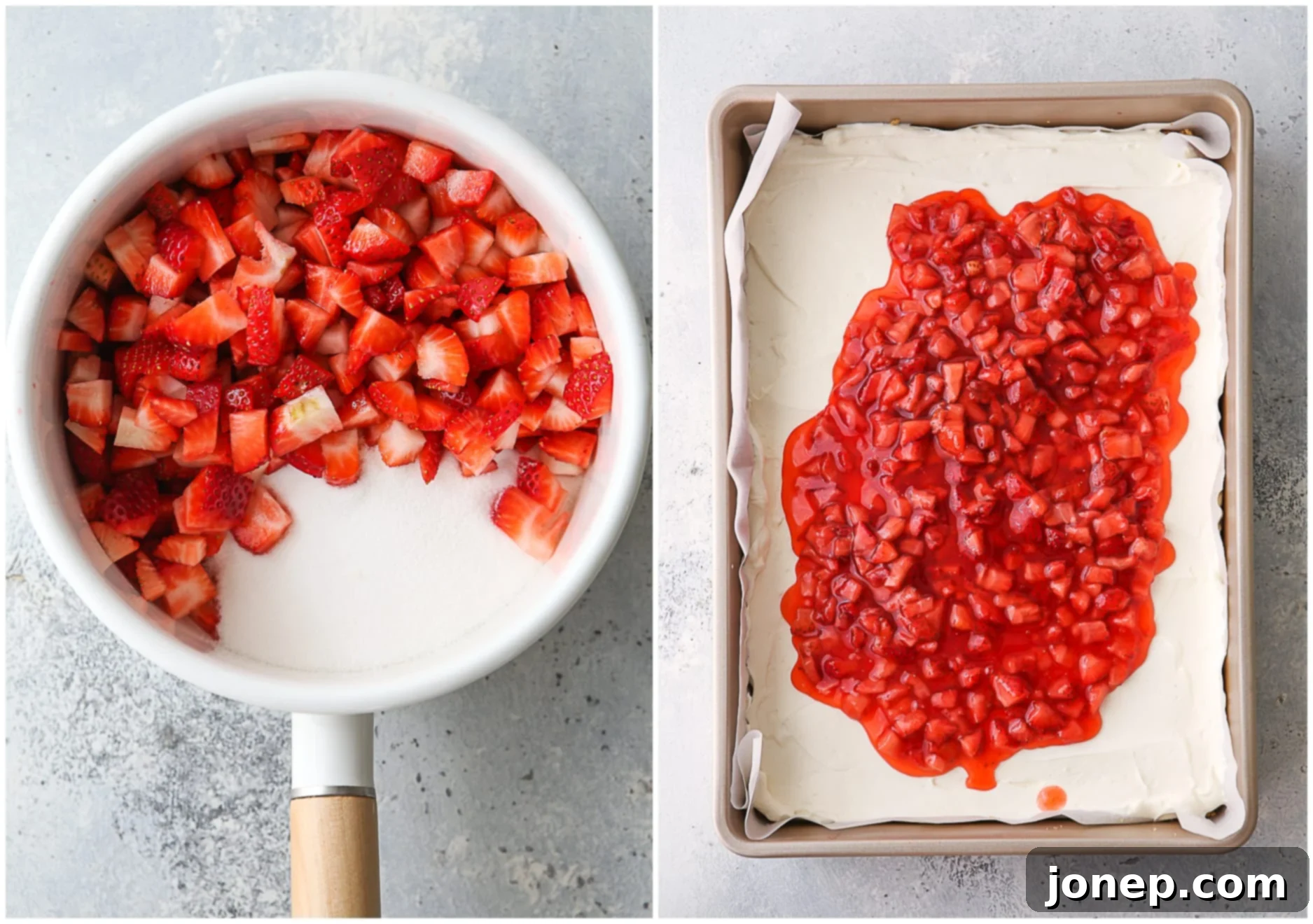 Simmering fresh strawberries for the vibrant cheesecake topping.