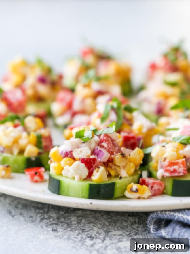 Individual cucumber bites topped with a corn and red pepper salad filled with feta, basil, and a creamy dressing.