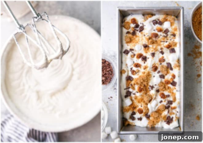 s'mores ice cream filling being assembled in a loaf pan