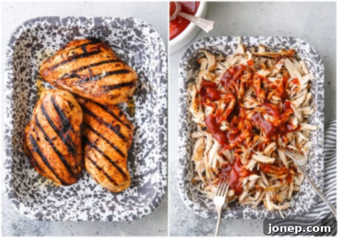 Grilled chicken pieces covered in BBQ sauce, ready to be shredded