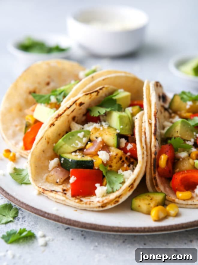 Close-up of simple grilled veggie tacos are fresh, healthy, and full of so much flavor, ready to eat