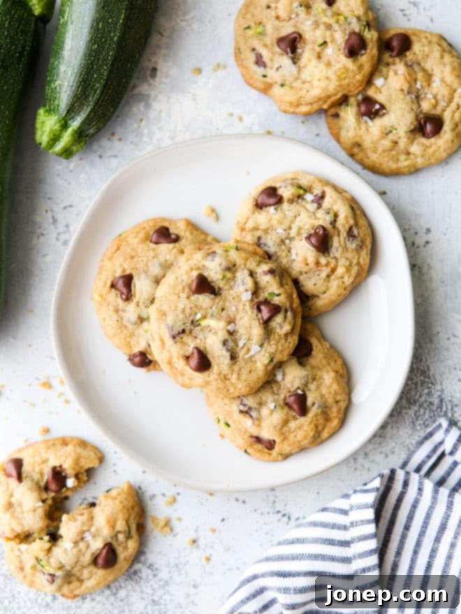 Chocolate Chip Cookies with a Zucchini Twist 2 Freshly baked zucchini chocolate chip cookies with walnuts and cinnamon on a white plate, ready to be enjoyed.