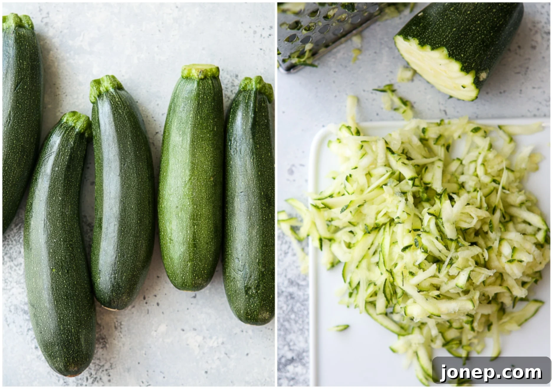 Close-up of hands shredding zucchini with a box grater.