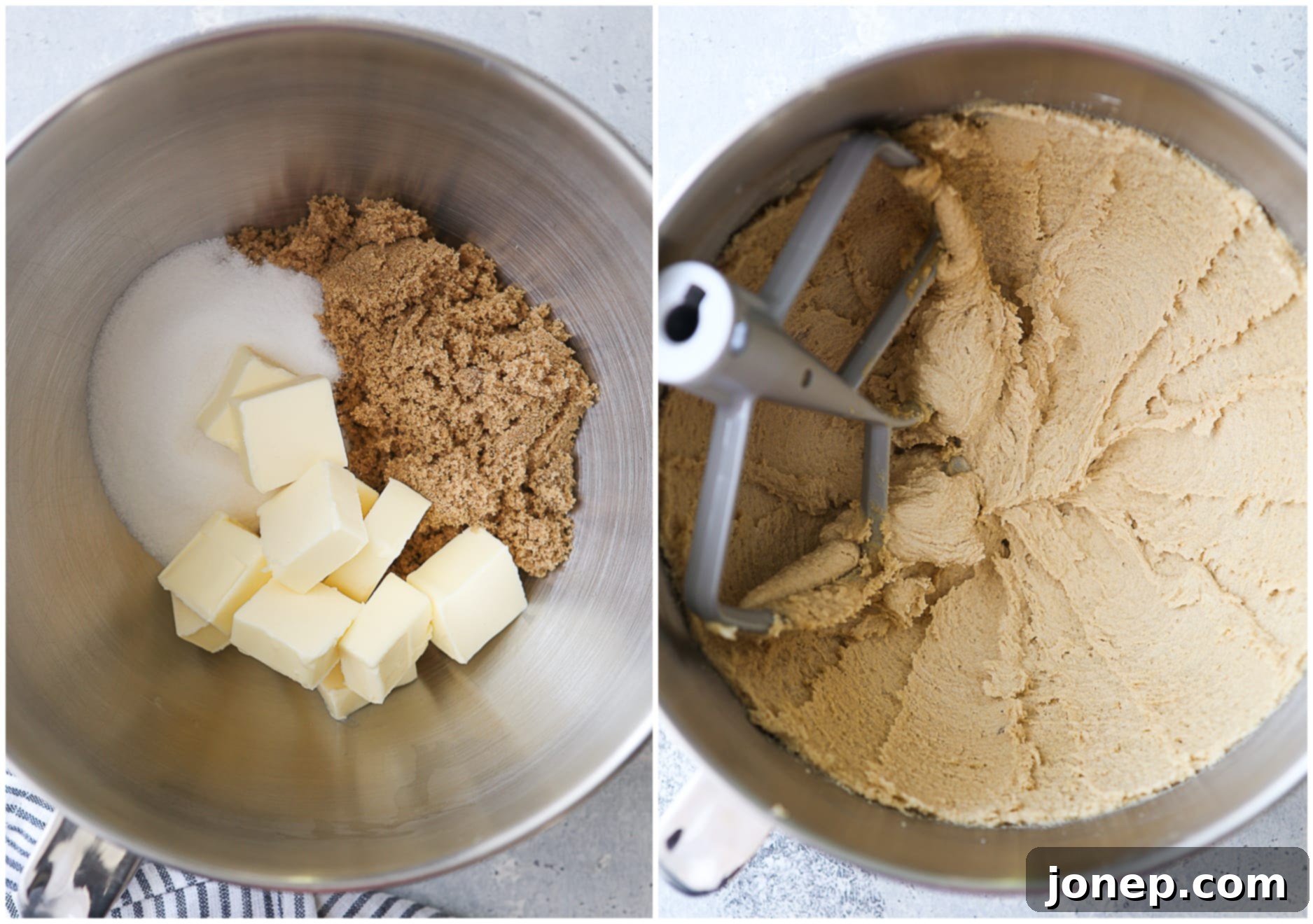 Softened butter, granulated sugar, and brown sugar being creamed together in a stand mixer bowl until light and fluffy.