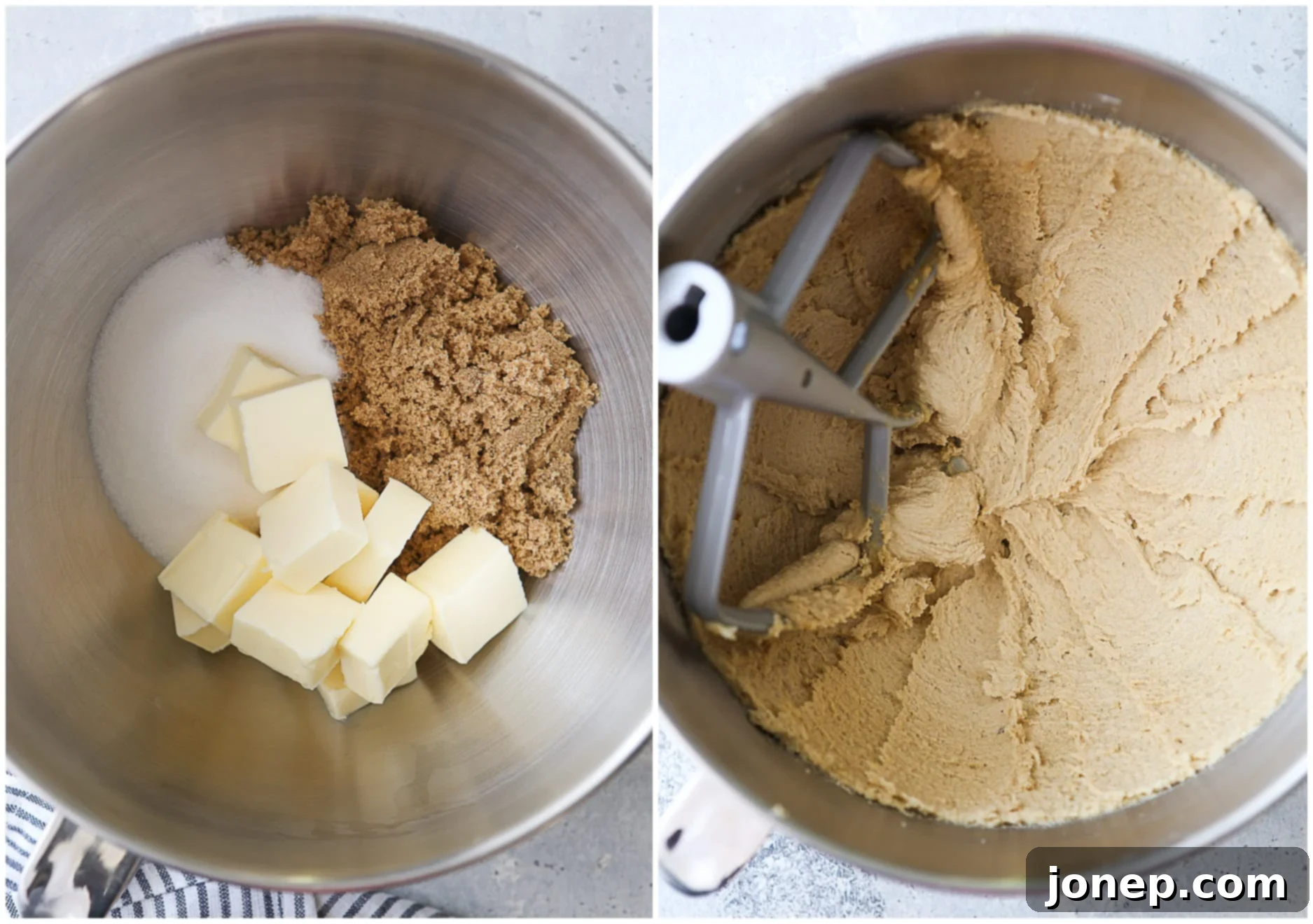 Creamed butter and sugar in a mixing bowl, showing a pale and fluffy texture.