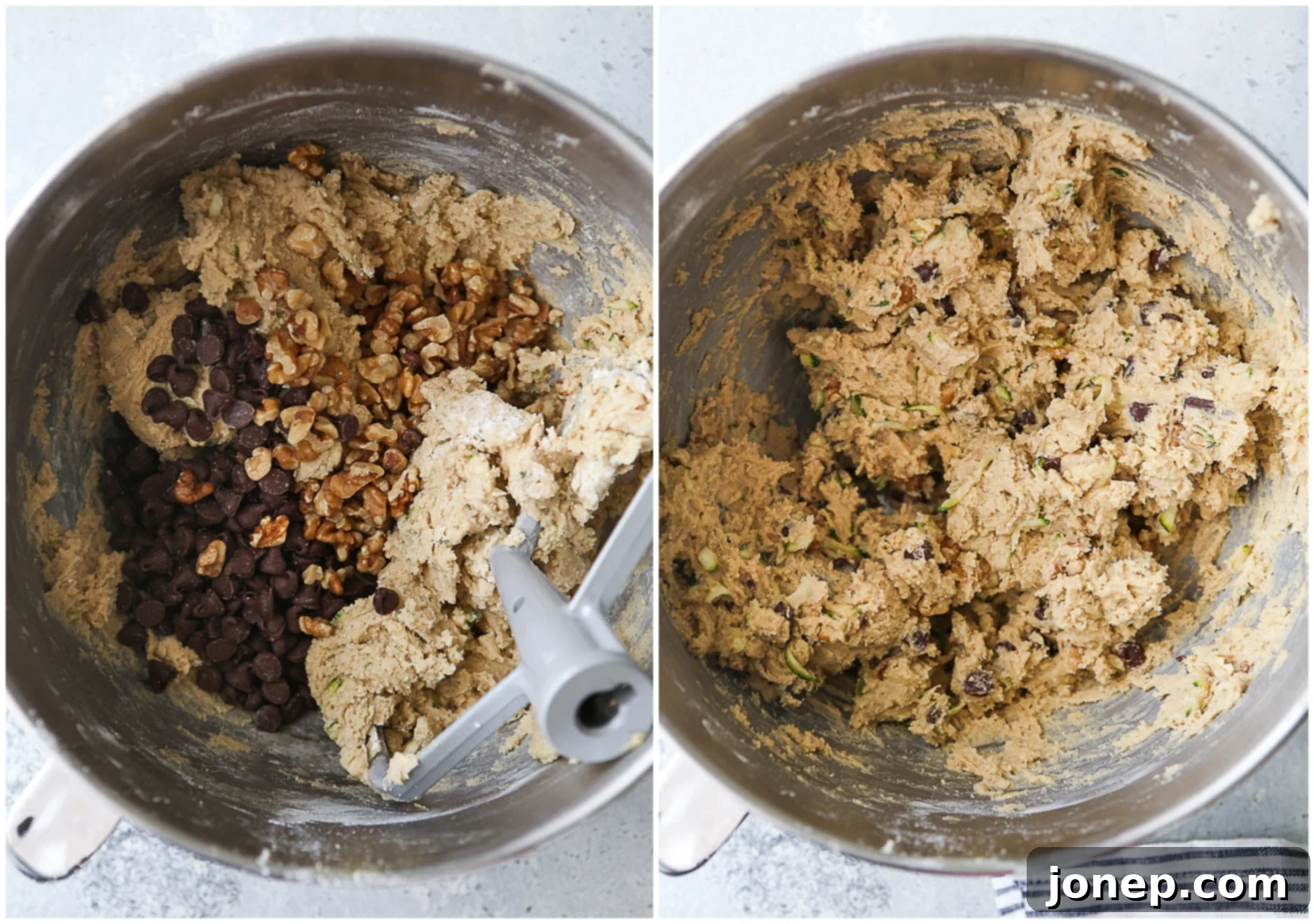 Cookie dough with chocolate chips and walnuts being gently mixed in a large bowl.