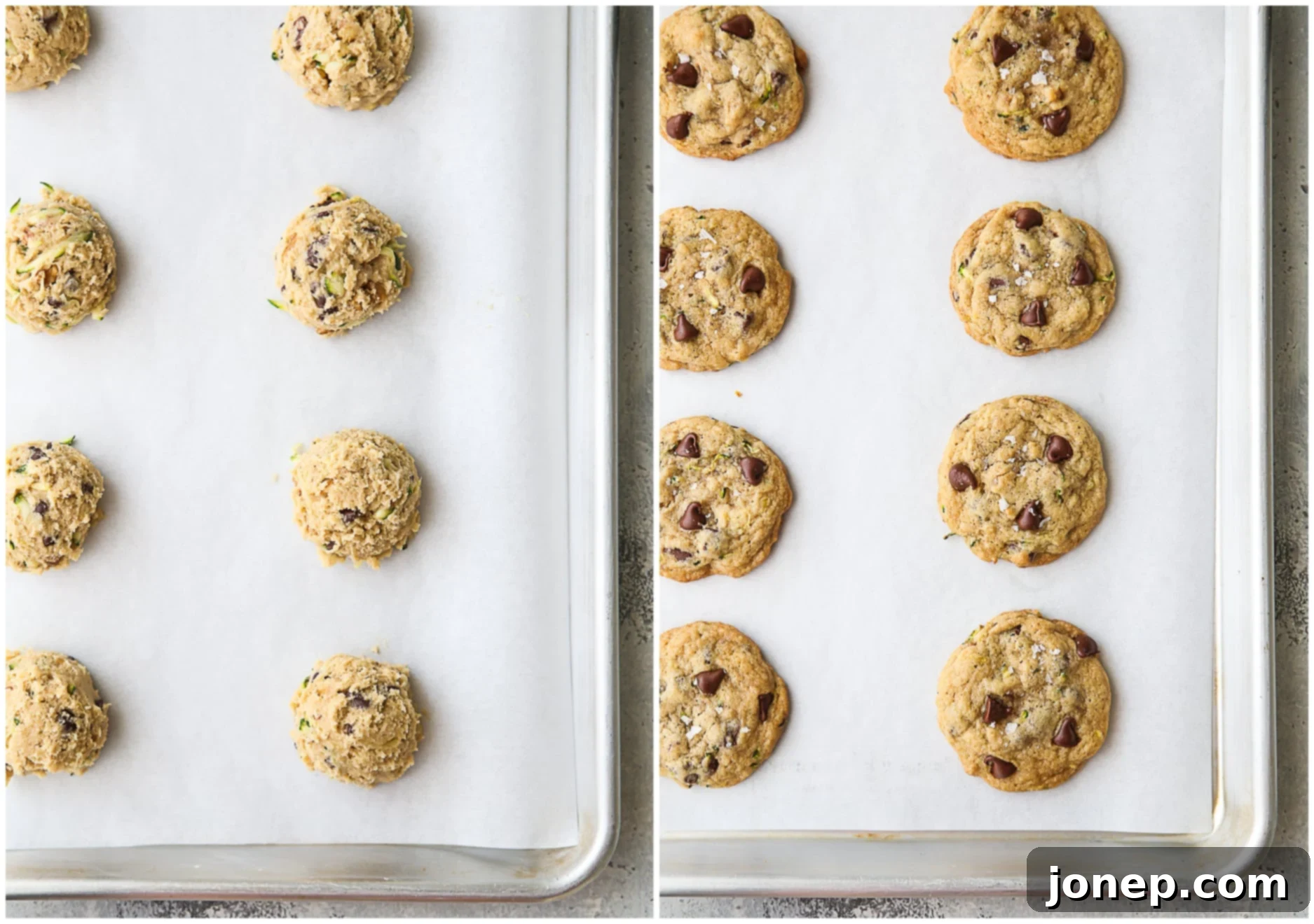Unbaked cookie dough balls on a parchment-lined sheet pan next to baked golden-brown zucchini chocolate chip cookies.