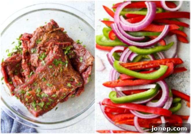 marinated steak flank and chopped veggies