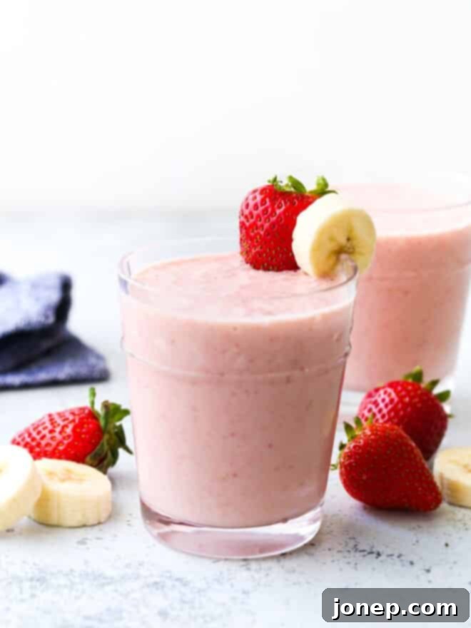 strawberry banana smoothie in a glass