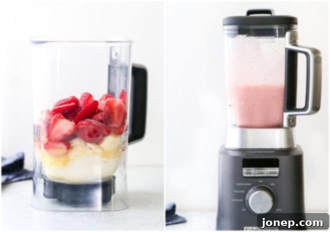 Berry Banana Bliss 5 Blender with strawberry banana smoothie ingredients being mixed