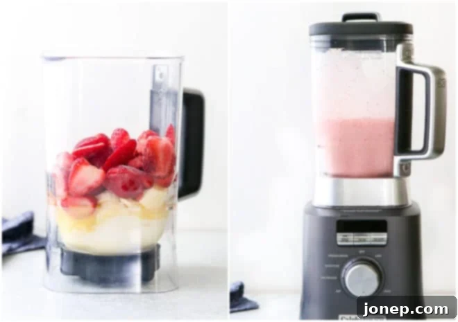 mixing strawberry banana smoothie in mixer