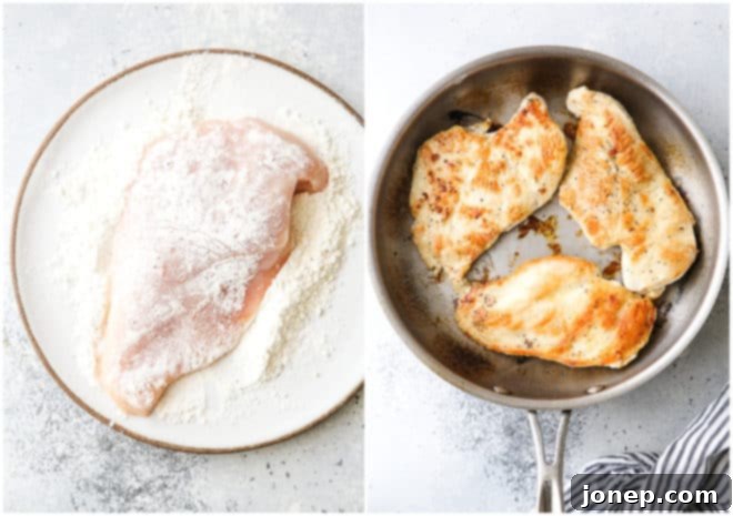 flouring chicken breasts and cooking in skillet