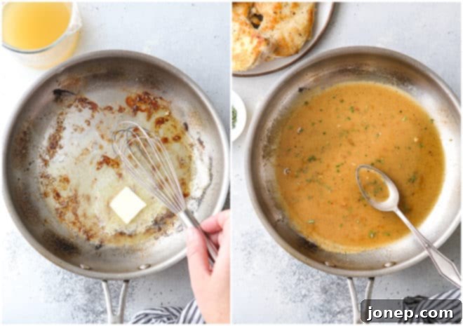 making butter sauce with chicken drippings in pan