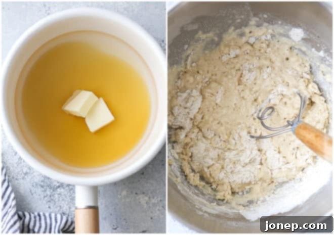 Warming liquids (water, honey, butter) in a saucepan, then mixing with dry bread dough ingredients