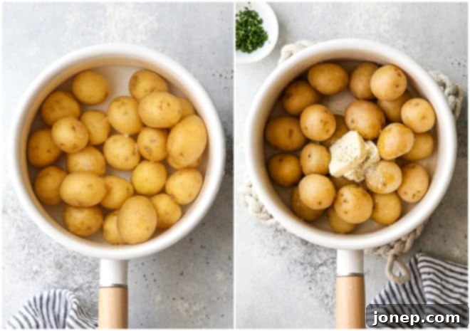 A step-by-step visual of boiling mini potatoes in a pot, followed by the addition of melted butter and seasonings to the drained potatoes.