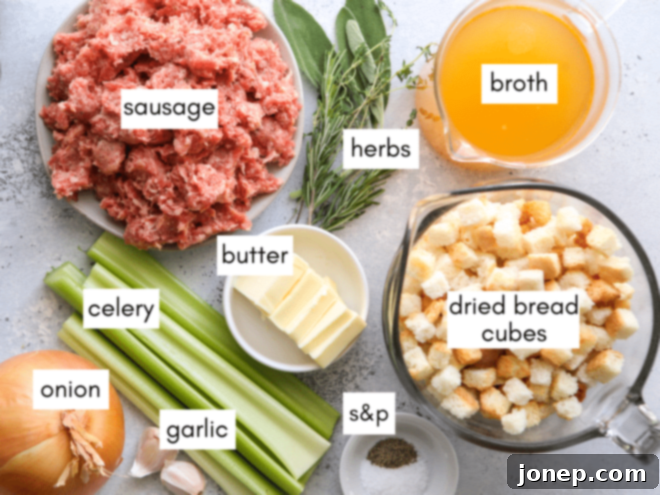 stovetop stuffing ingredients with labels, showing fresh herbs, vegetables, sausage, and bread cubes
