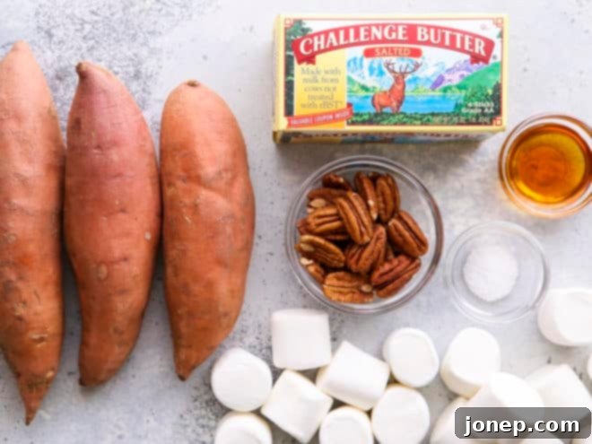 Pecan Marshmallow Sweet Potato Delights 3 Essential ingredients for sweet potato bites laid out