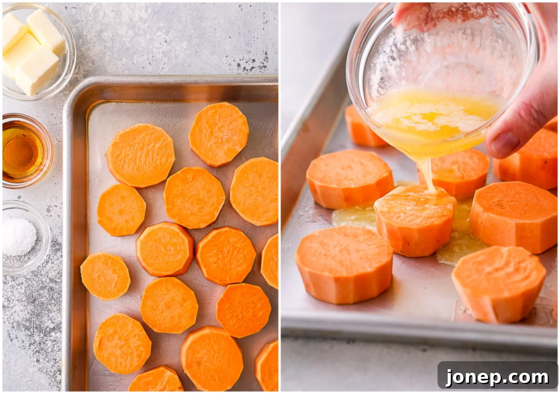 Sweet potato rounds tossed with melted butter, ready for baking