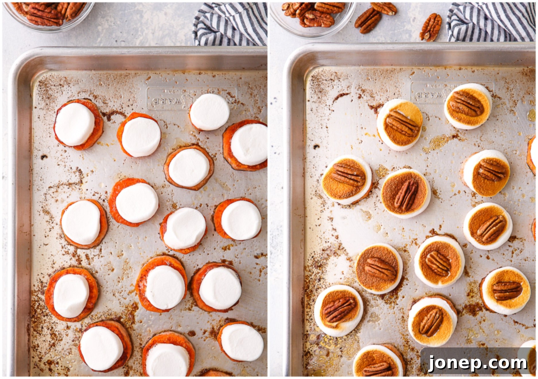 Topping roasted sweet potatoes with marshmallow halves and pecans