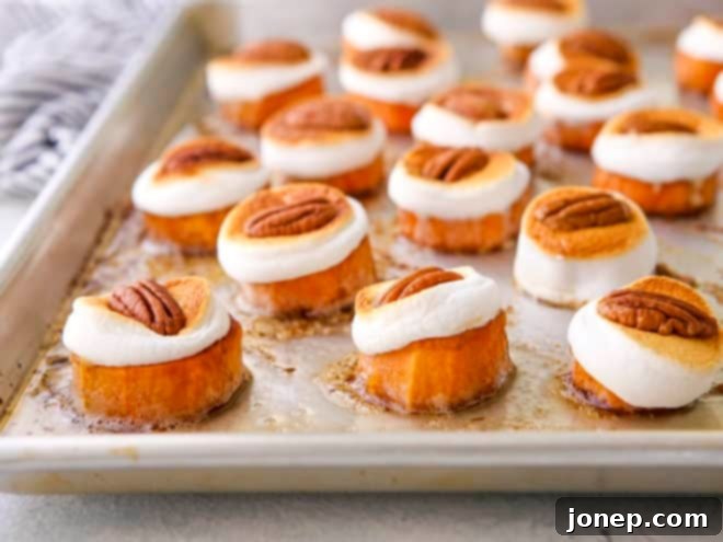 Pecan Marshmallow Sweet Potato Delights 7 Freshly baked sweet potato bites with toasted marshmallows and pecans on a sheet pan