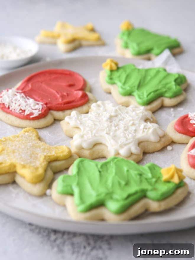 side angle of frosted sugar cookie cut outs on a plate