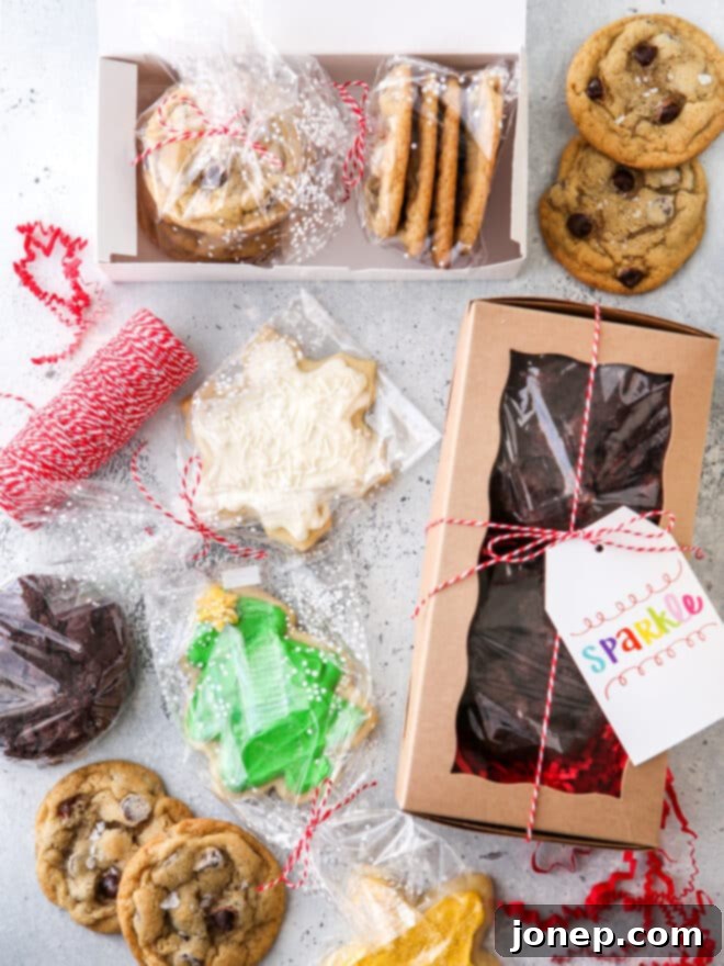 A beautifully packaged box of assorted cookies tied with ribbon, ready for secure shipping, highlighting careful preparation and presentation.