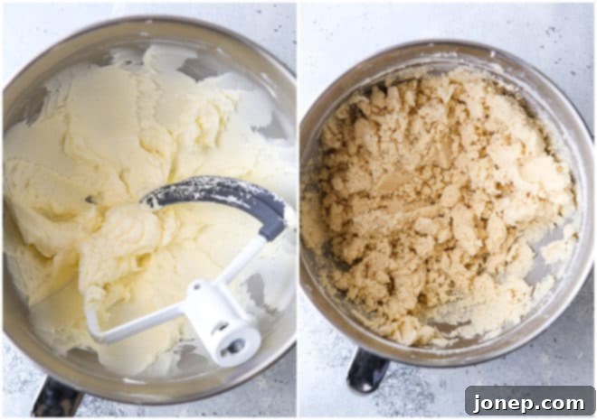 Creamy, shaggy shortbread cookie dough mixing in a gleaming stainless steel stand mixer bowl, ready for flavor additions.