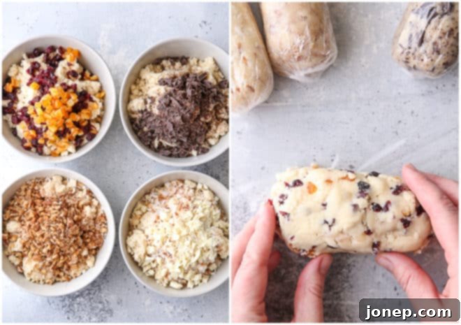 Shortbread cookie dough being combined by hand with various mix-ins in separate bowls, then carefully formed into compact logs.