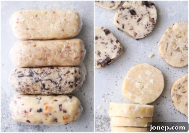 Chilled shortbread cookie dough logs perfectly ready for slicing, alongside uniformly sliced rounds arranged on a parchment-lined baking sheet.