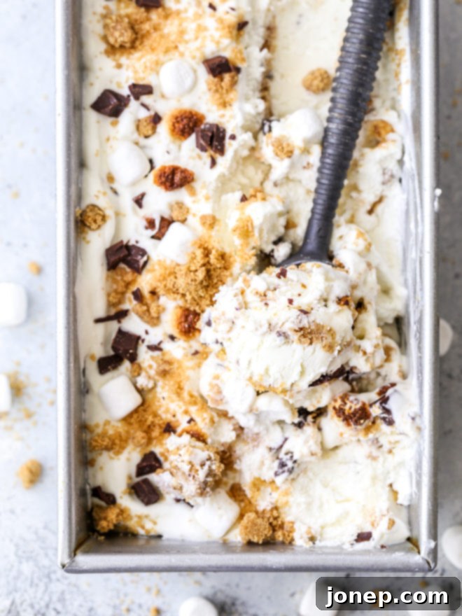 This super easy and delicious no-churn s'mores ice cream is filled with graham cracker crumble, chocolate chunks, and toasted marshmallows.