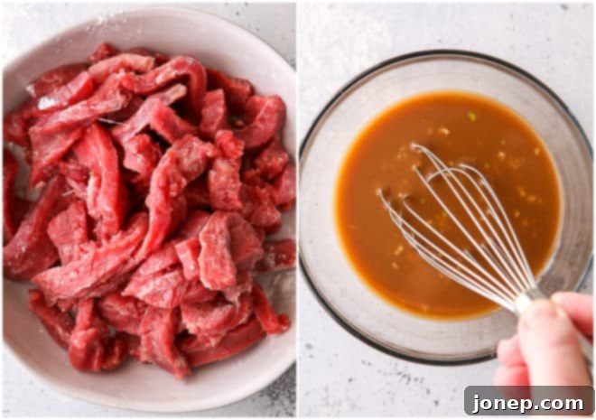 marinating beef and whisked sauce