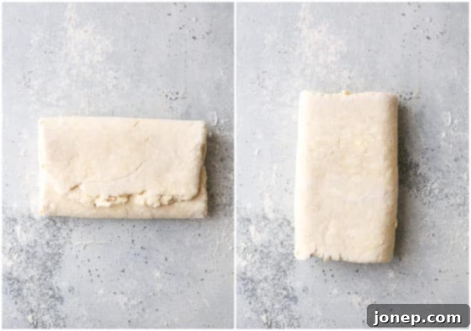 Completing the 4th turn of puff pastry dough, demonstrating the precise letter fold.