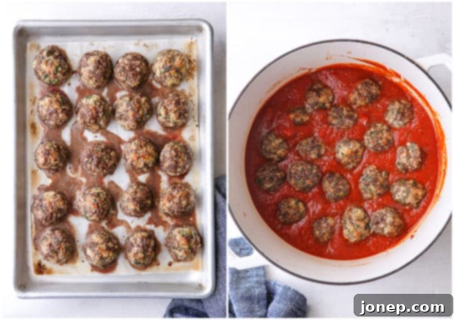 browning meatballs and cook in marinara sauce