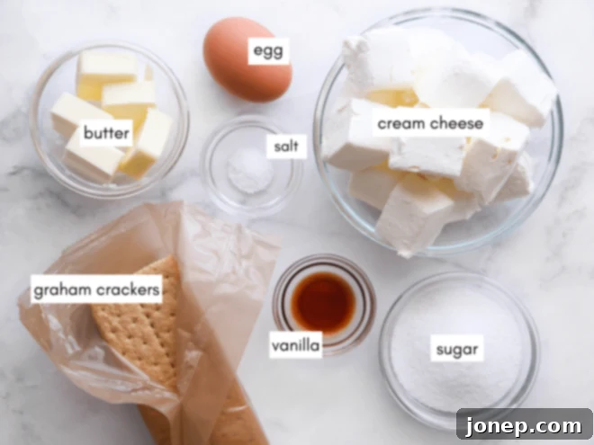 Bite-Sized Cheesecake Delights 4 A selection of ingredients laid out, including cream cheese, graham crackers, butter, sugar, egg, vanilla extract, and salt.