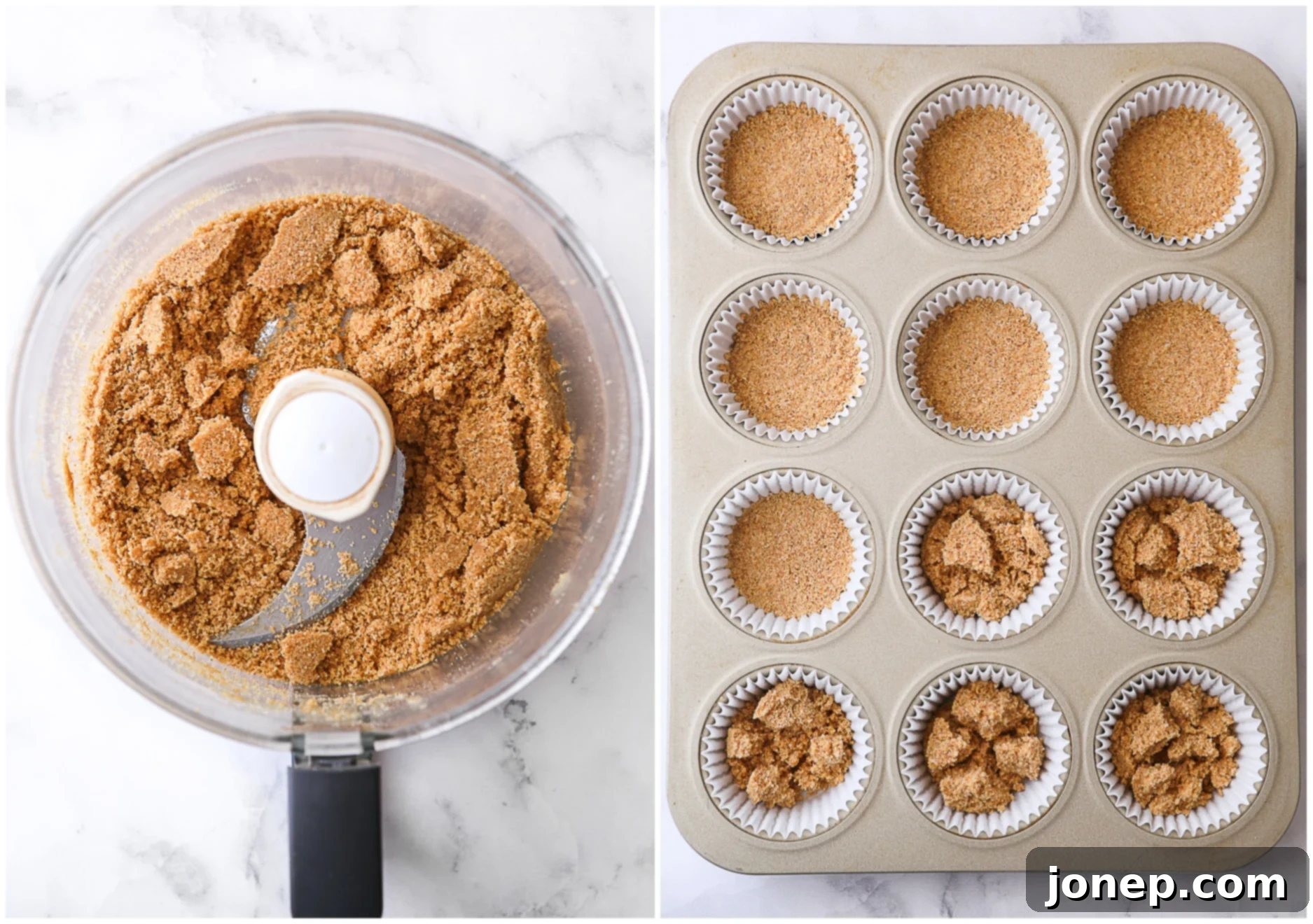 Hands pressing graham cracker crust mixture into cupcake liners in a muffin pan.