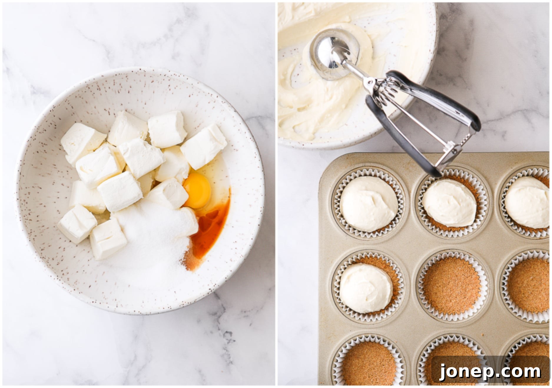 Image showing mixing cheesecake filling in a bowl and then scooping it into muffin cups over the baked graham cracker crust.