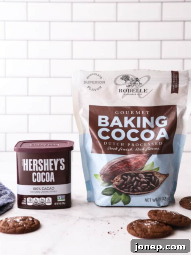 Bags of Hershey's Natural Unsweetened Cocoa and Rodelle Dutch Process Cocoa displayed on a kitchen counter.