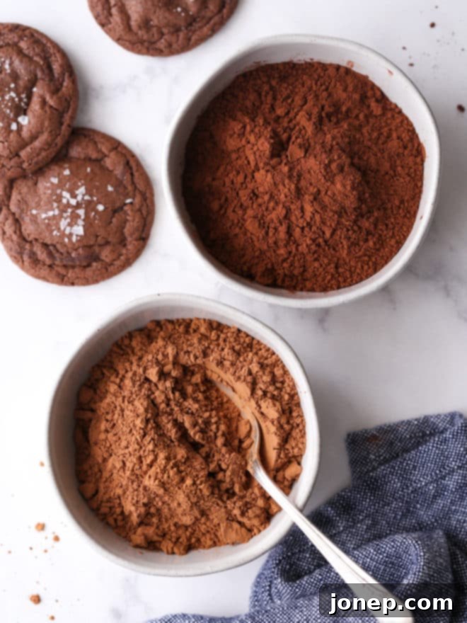 Three bowls: one with natural cocoa, one with Dutch-process cocoa, and a third with a chocolate cookie in it. Two whole cookies are on the side.