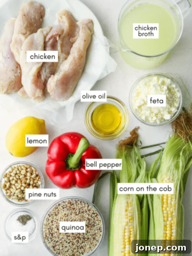 Fresh ingredients laid out for grilled chicken quinoa salad, including quinoa, chicken breast, corn, bell pepper, and herbs