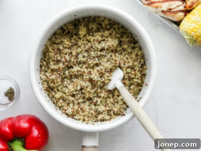 Cooked quinoa fluffed with a fork in a pot